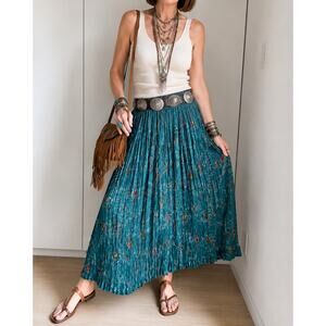 VTG Broomstick Floral Maxi Skirt Teal Rayon Boho Indie Gypsy Size M
